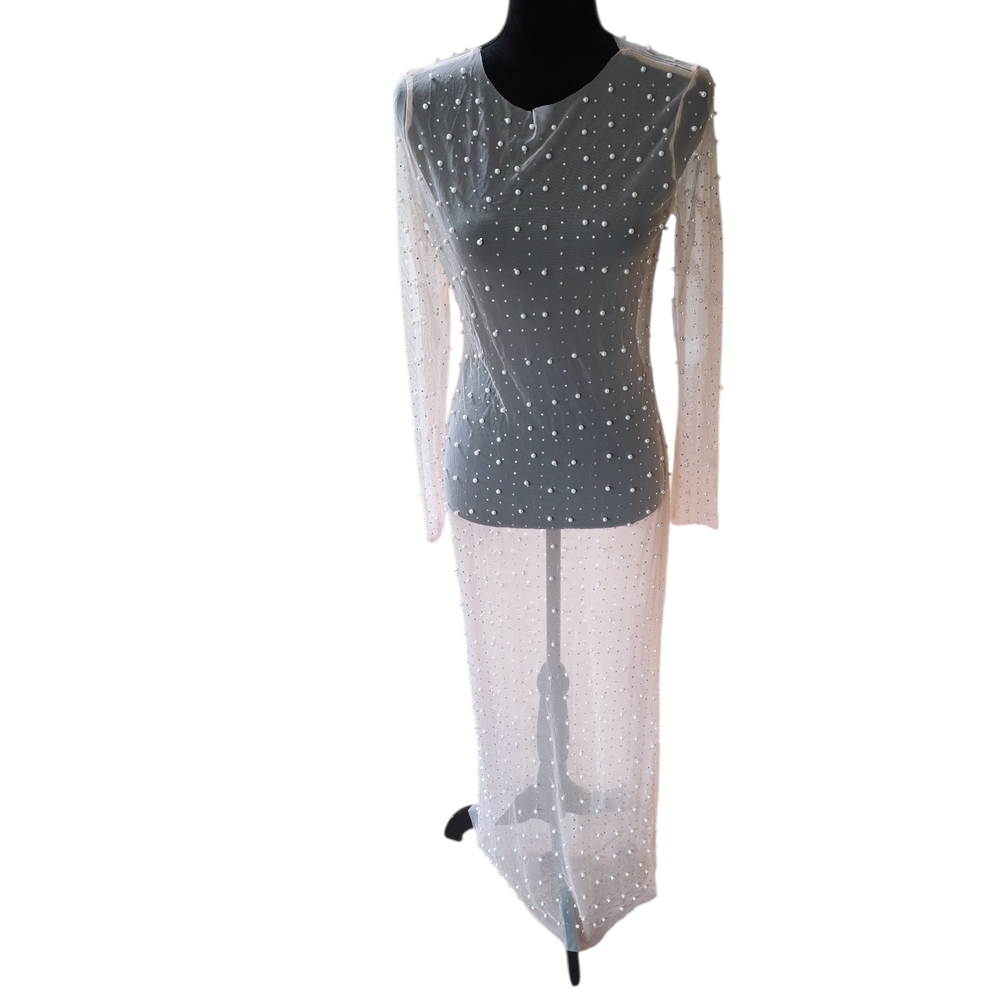 Sheer BLUSH Maxi Dress Embellished With Pearls And Rhinestones